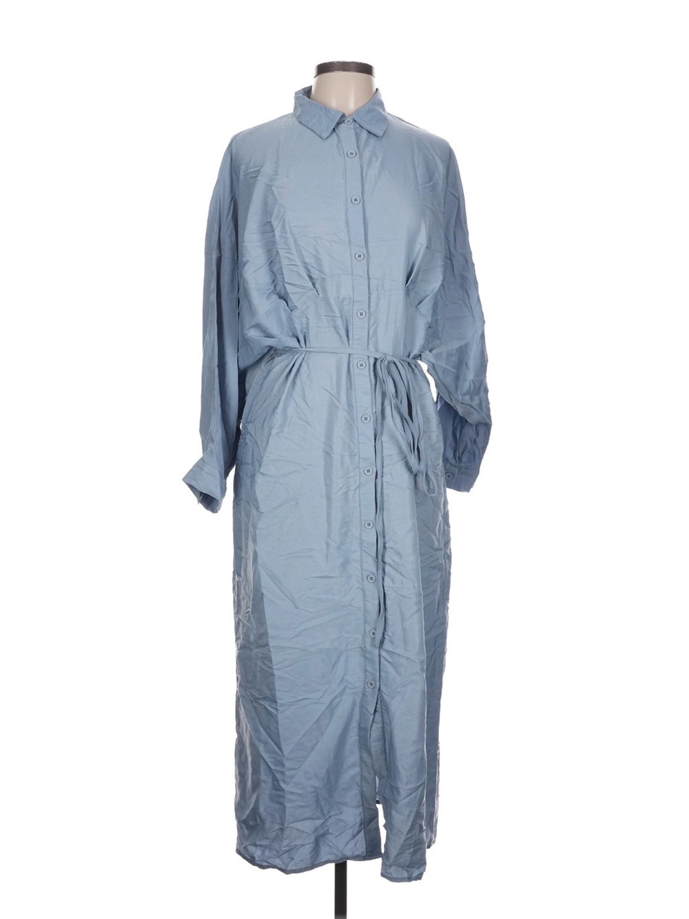 Light Blue Button-Front Maxi Shirt Dress with Tie Waist Size L